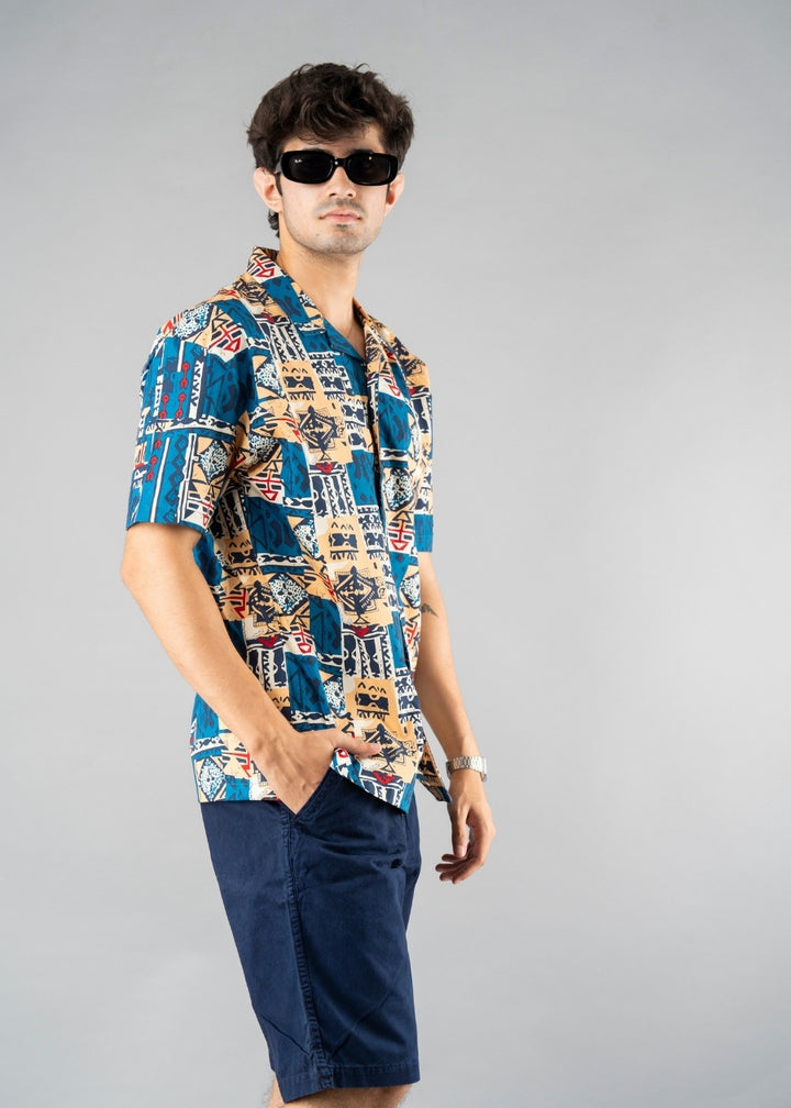 Mens Cuban Collar Printed Casual Shirt