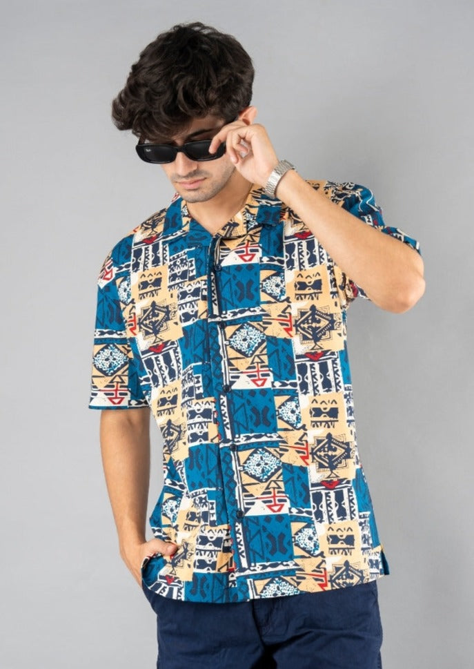 Mens Cuban Collar Printed Casual Shirt