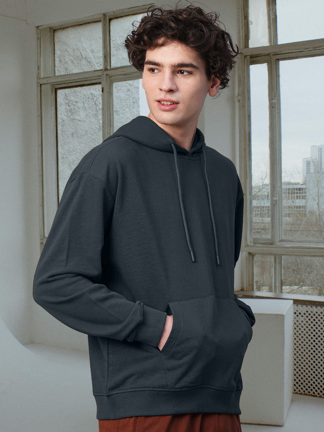 Solid Men Drop Shoulder Premium Terry Hoodie - Dark Grey