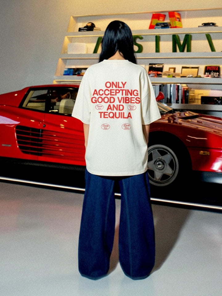 GOOD VIBES Women Oversized Terry Graphic T-Shirt