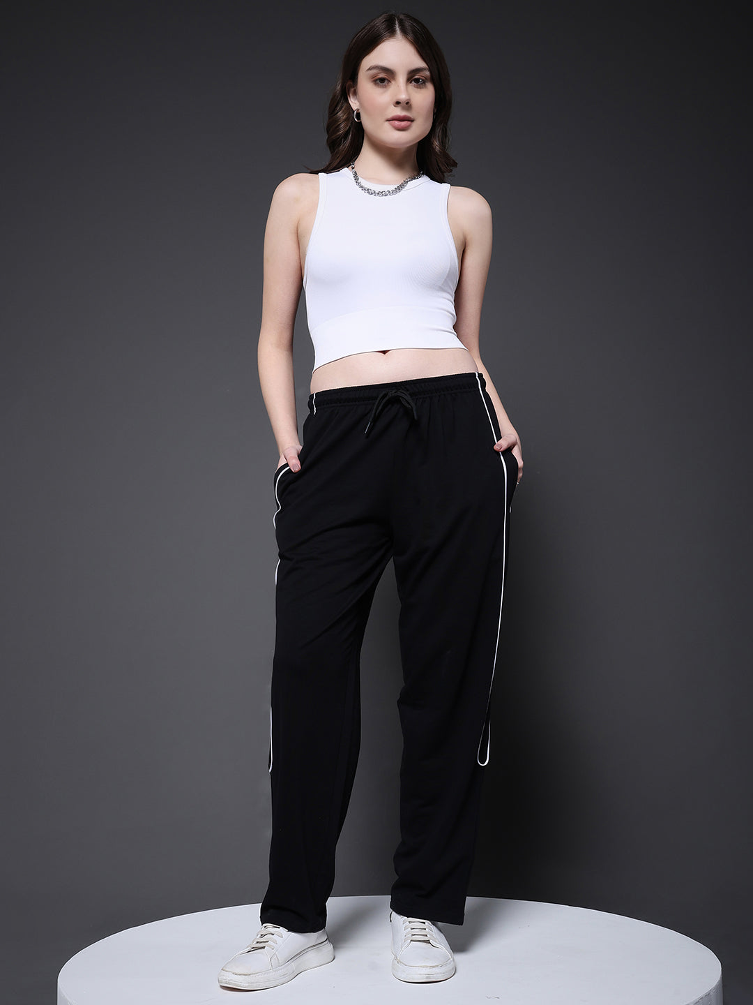 Women Premium Terry Jogger with Side Stripes - Black