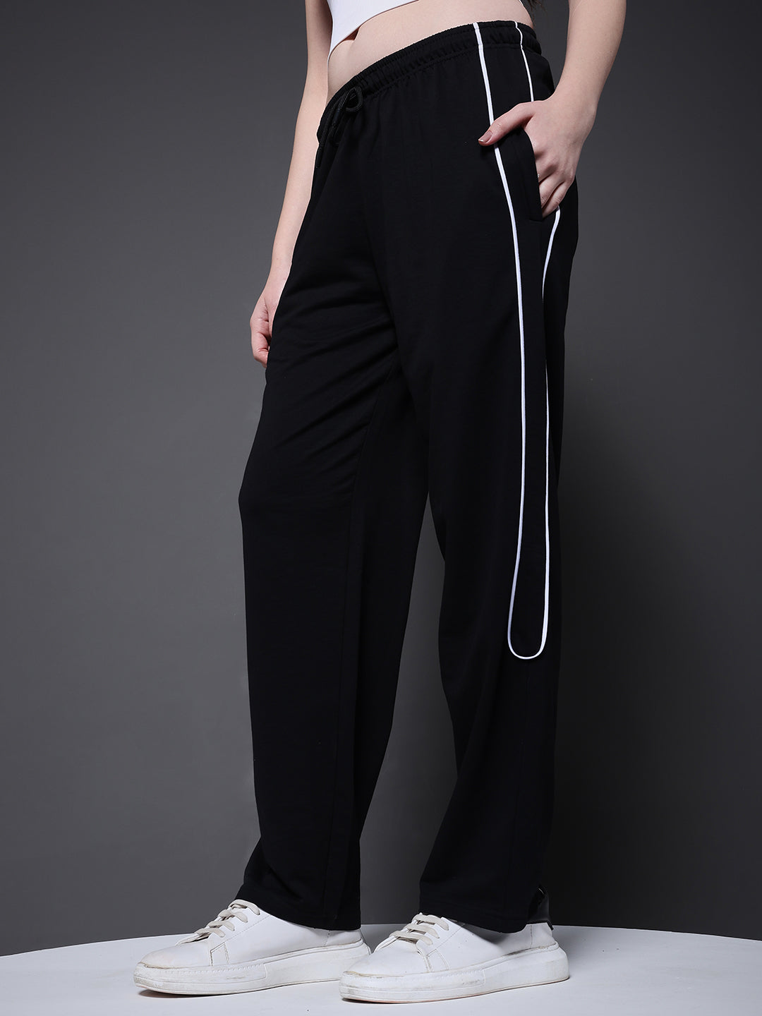 Women Premium Terry Jogger with Side Stripes - Black