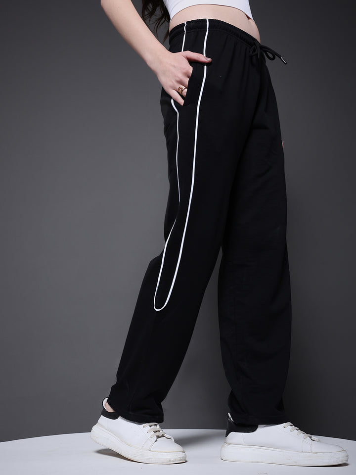 Women Premium Terry Jogger with Side Stripes - Black