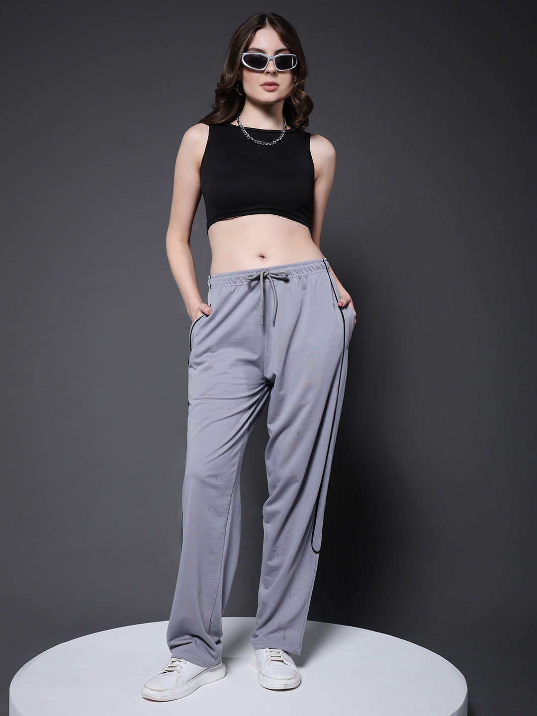 Women Premium Terry Jogger with Side Stripes - Ash Grey