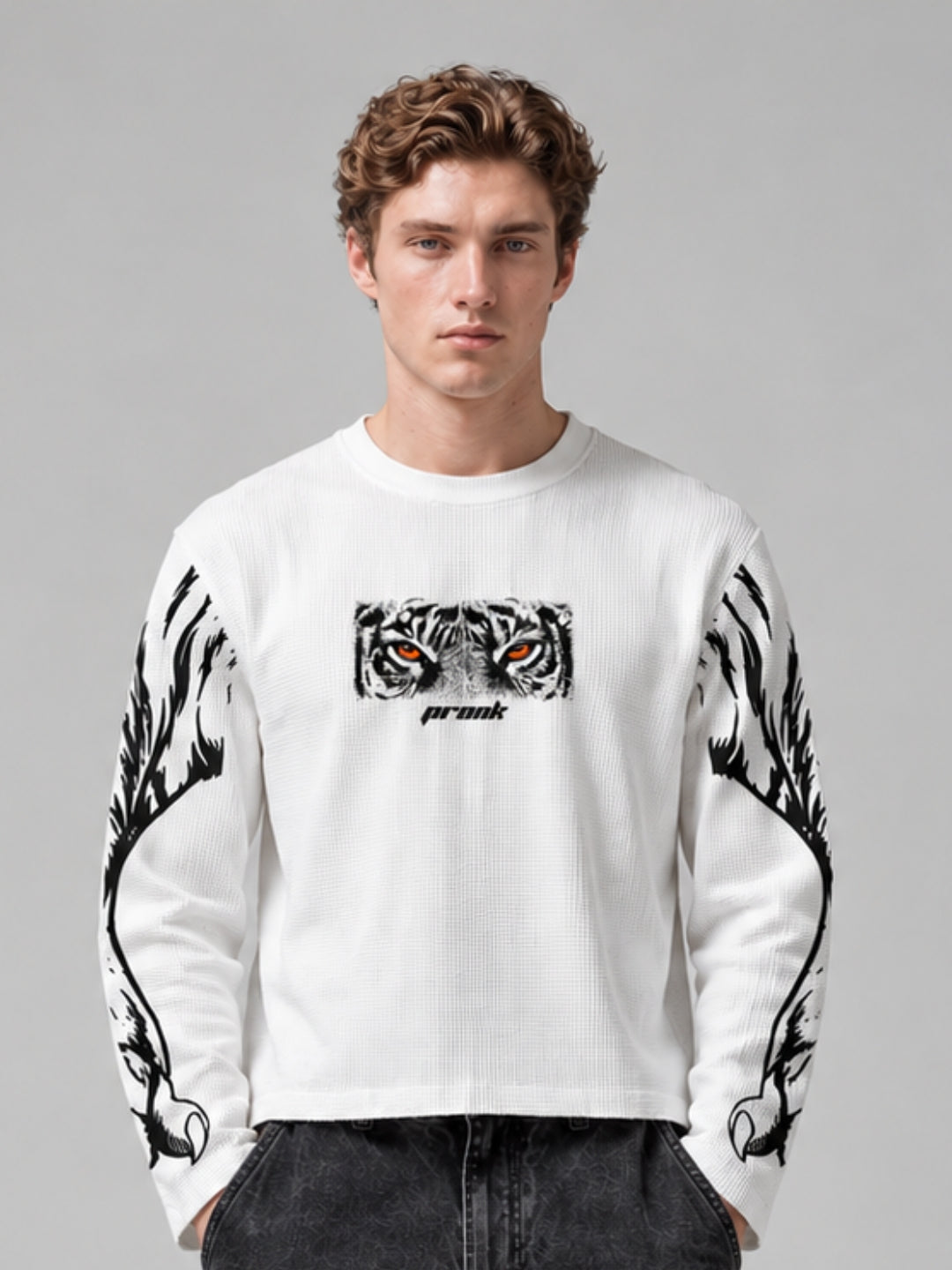 White Tiger Stride Full Sleeve Boxy Waffle T-Shirt