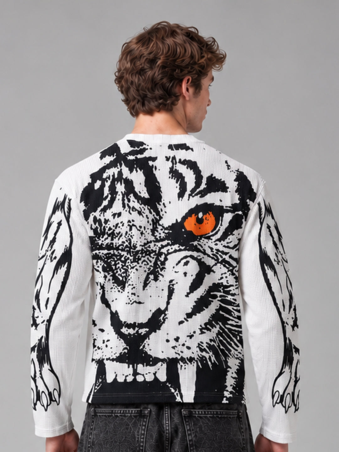 White Tiger Stride Full Sleeve Boxy Waffle T-Shirt