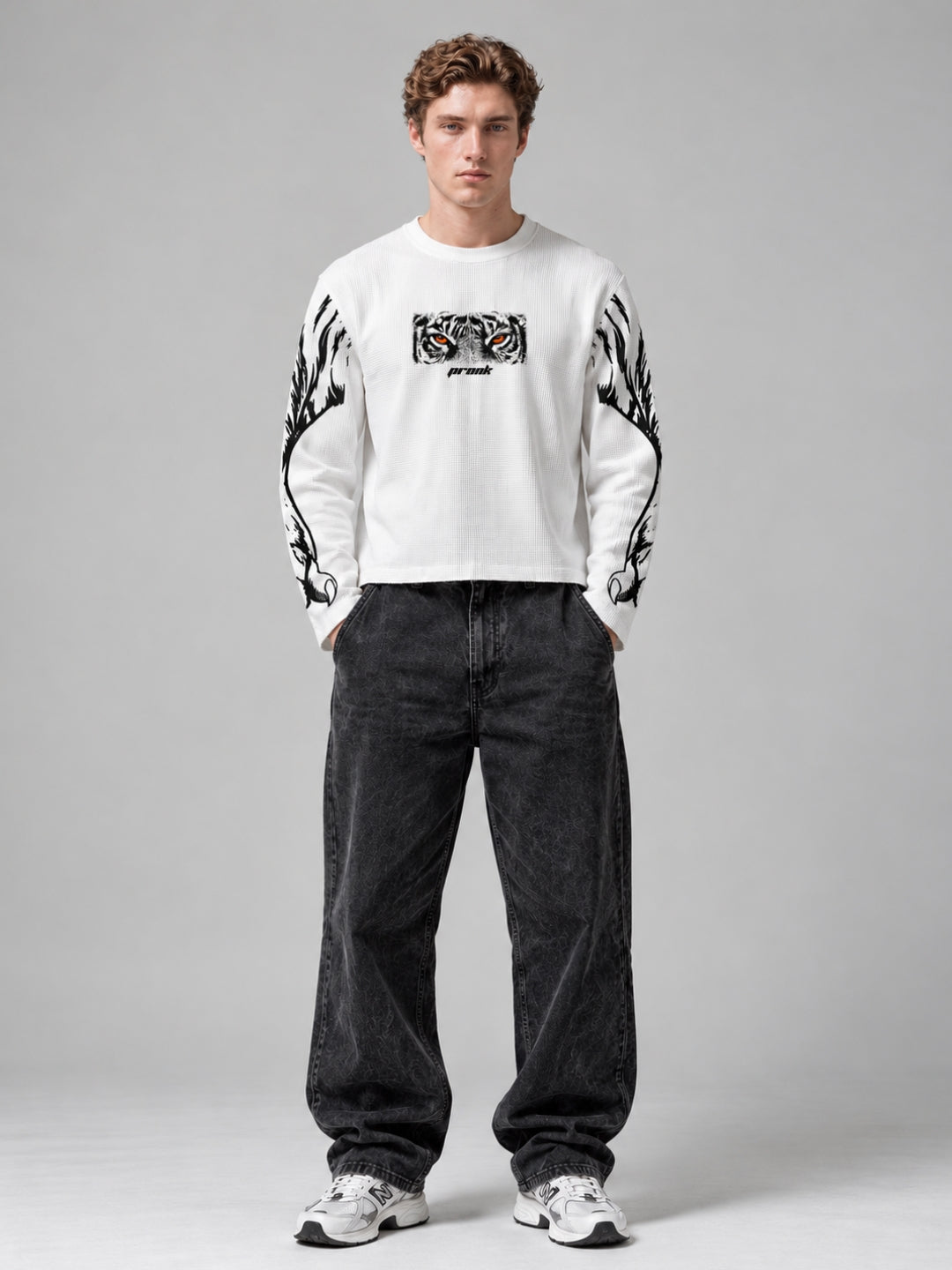 White Tiger Stride Full Sleeve Boxy Waffle T-Shirt
