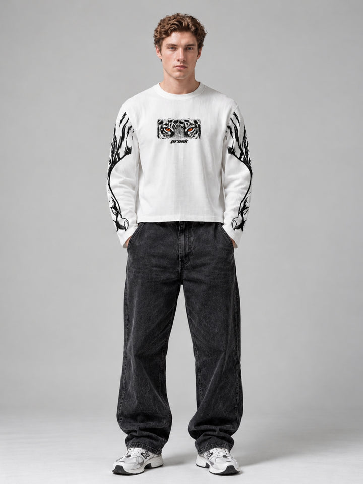 White Tiger Stride Full Sleeve Boxy Waffle T-Shirt