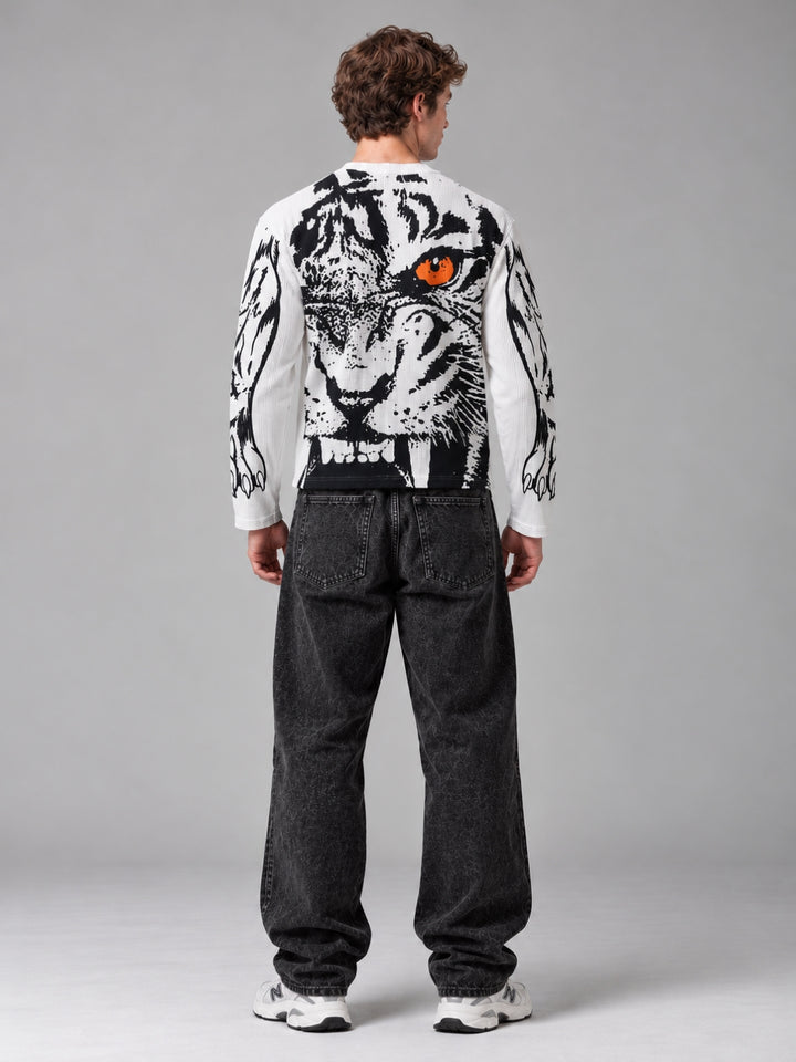 White Tiger Stride Full Sleeve Boxy Waffle T-Shirt