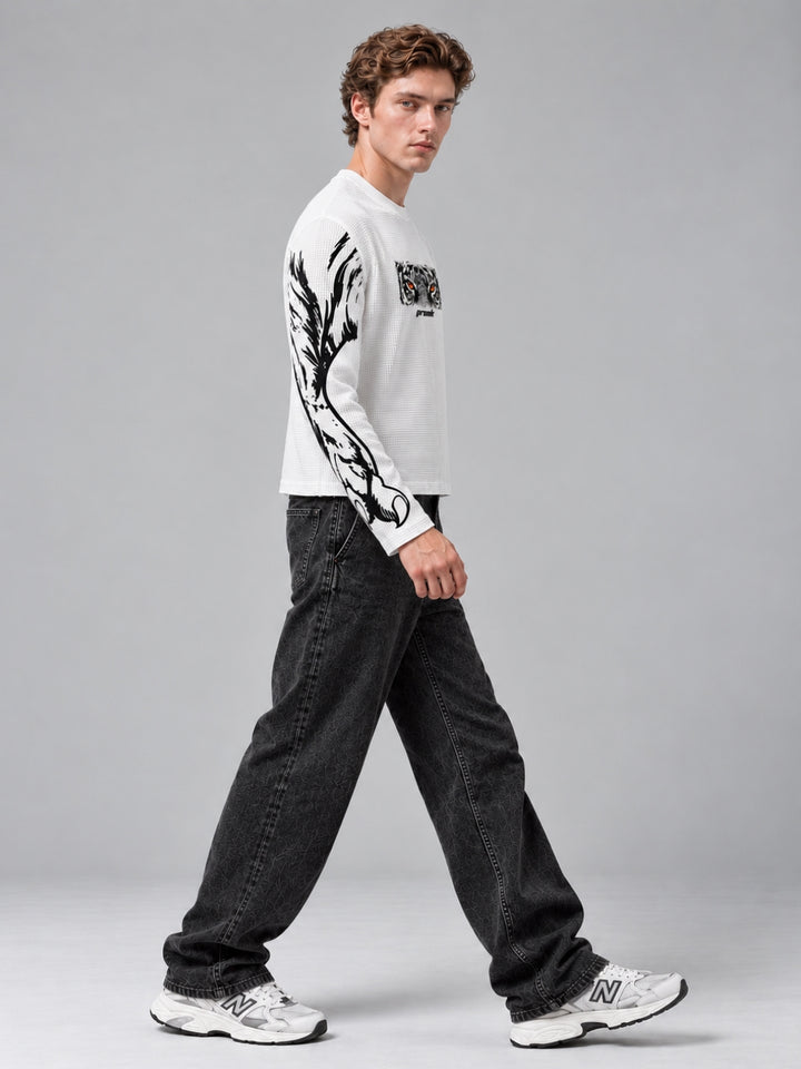 White Tiger Stride Full Sleeve Boxy Waffle T-Shirt