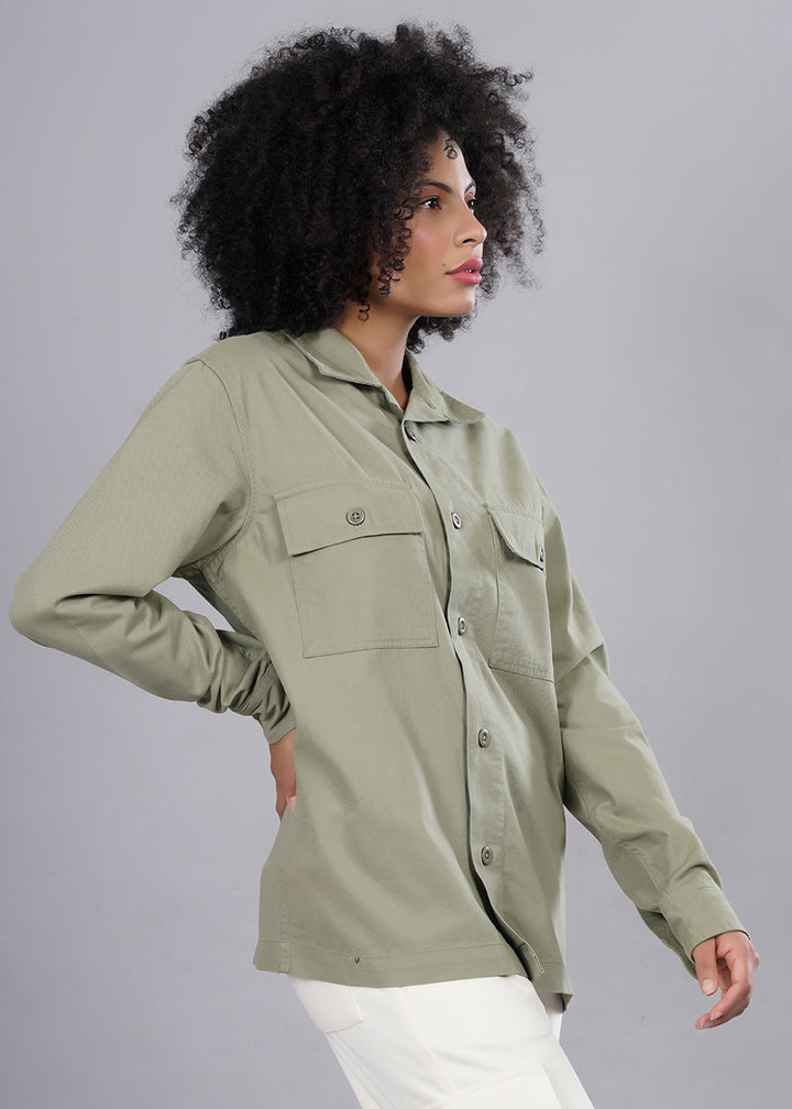 Solid Olive Green Shacket For Women | Pronk