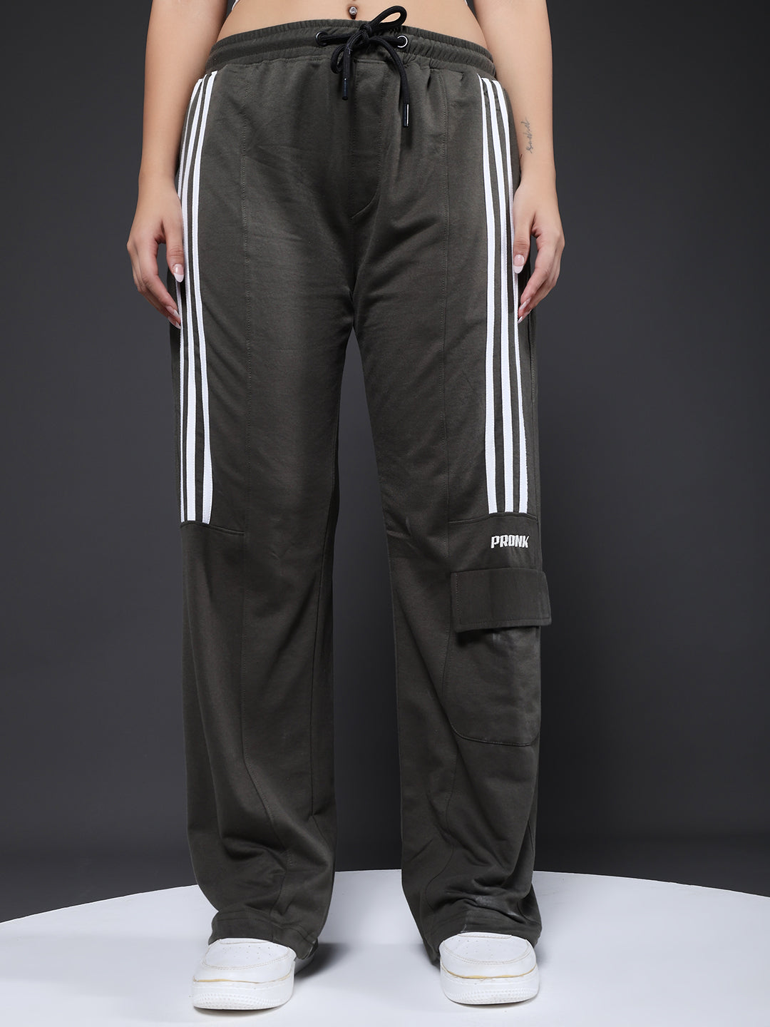 Women Premium Terry Cargo Pants with Side Stripes - Olive Green