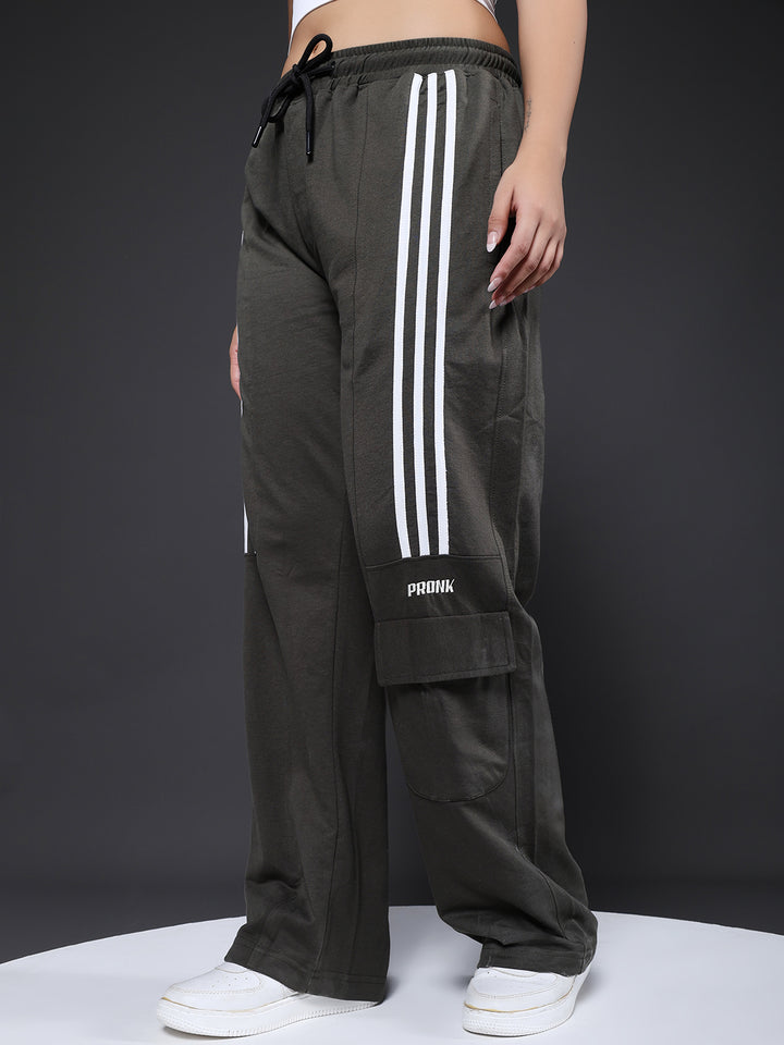 Women Premium Terry Cargo Pants with Side Stripes - Olive Green
