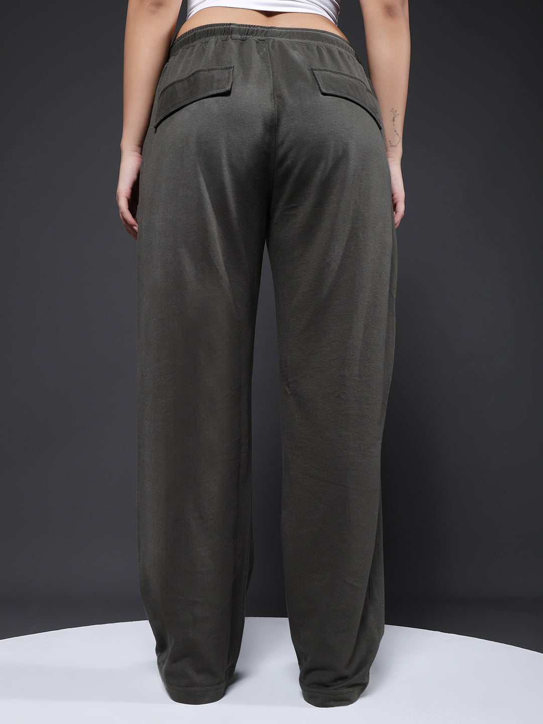 Women Premium Terry Cargo Pants with Side Stripes - Olive Green