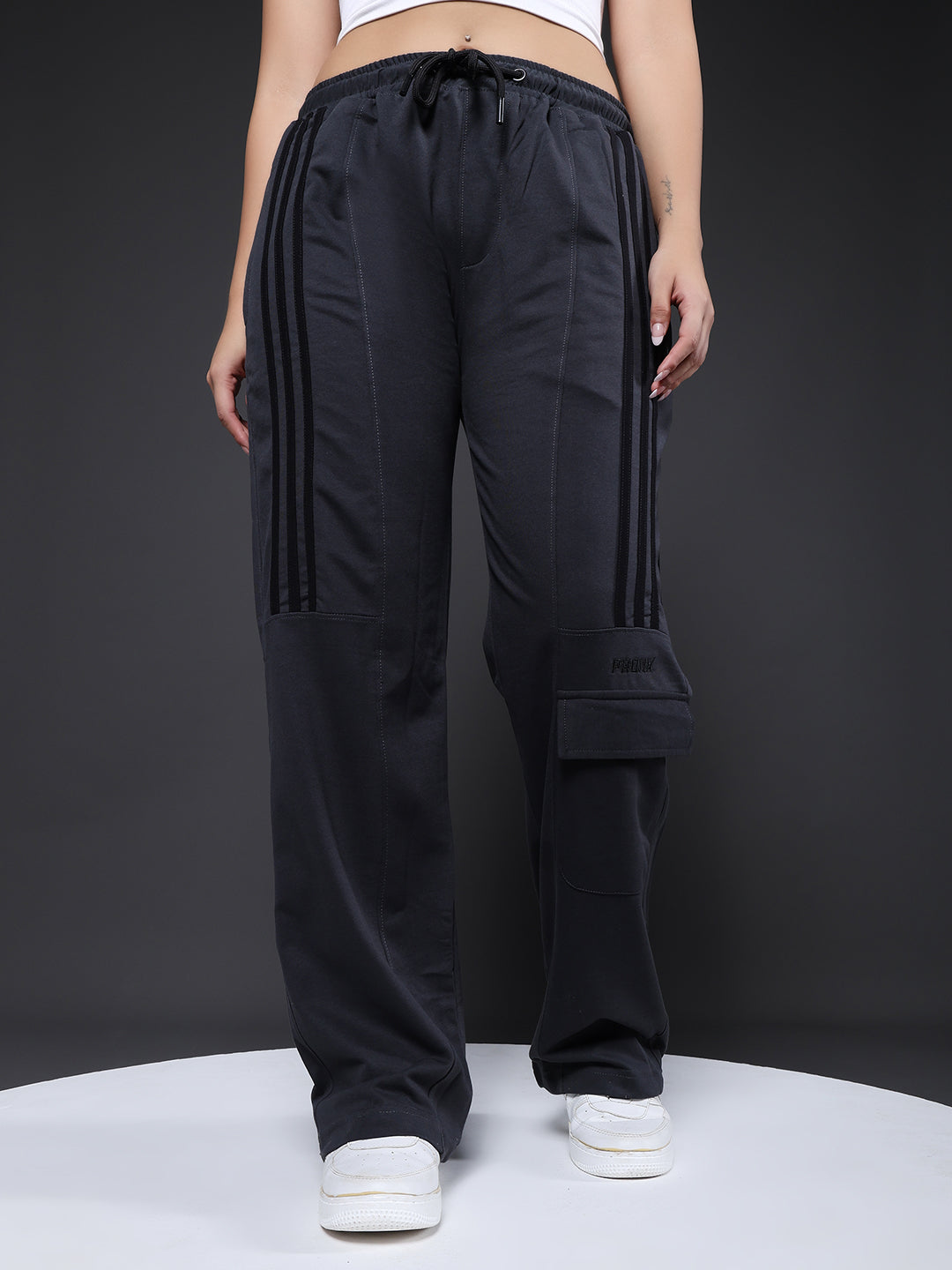 Women Premium Terry Cargo Pants with Side Stripes - Dark Grey