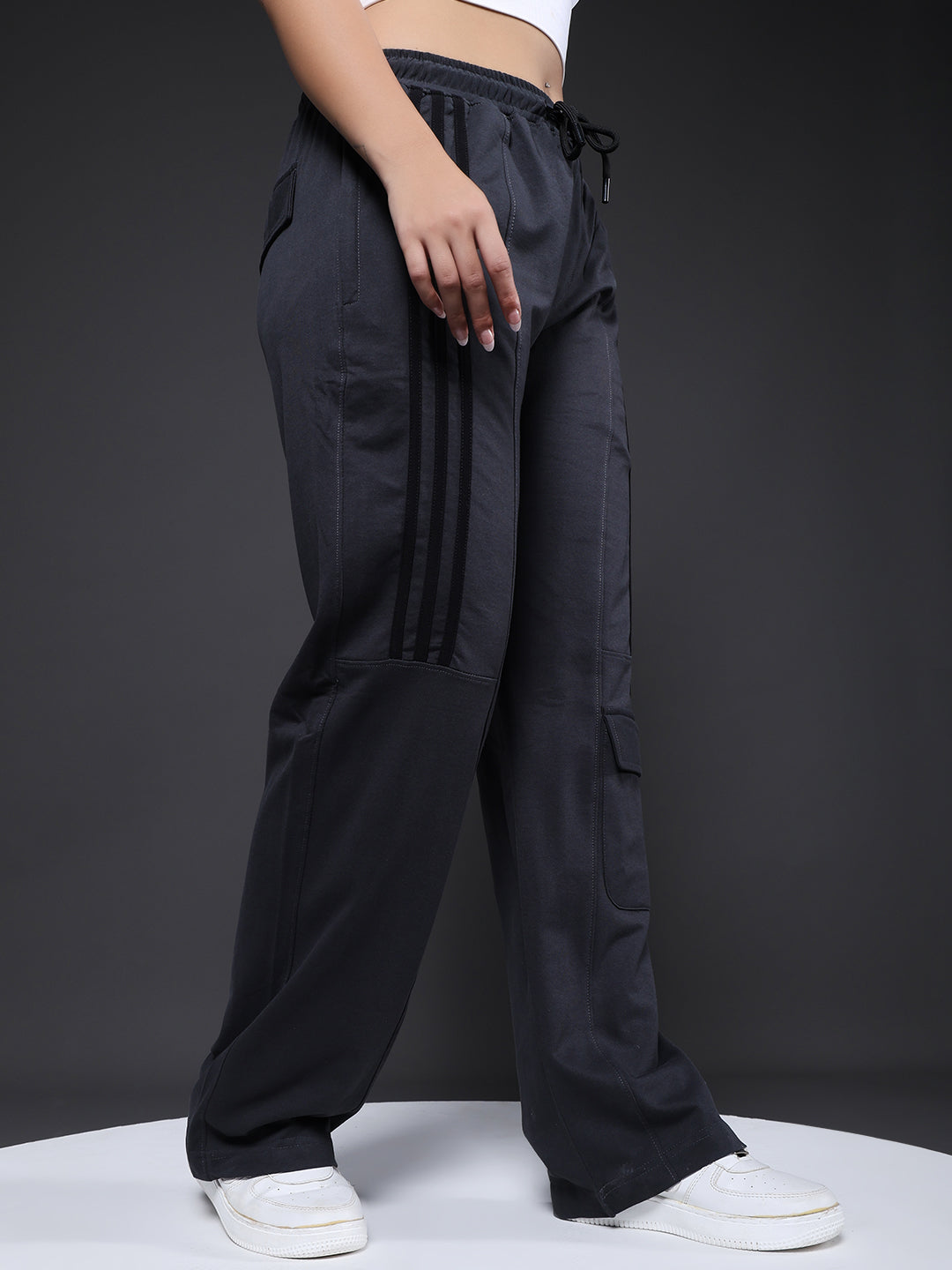 Women Premium Terry Cargo Pants with Side Stripes - Dark Grey