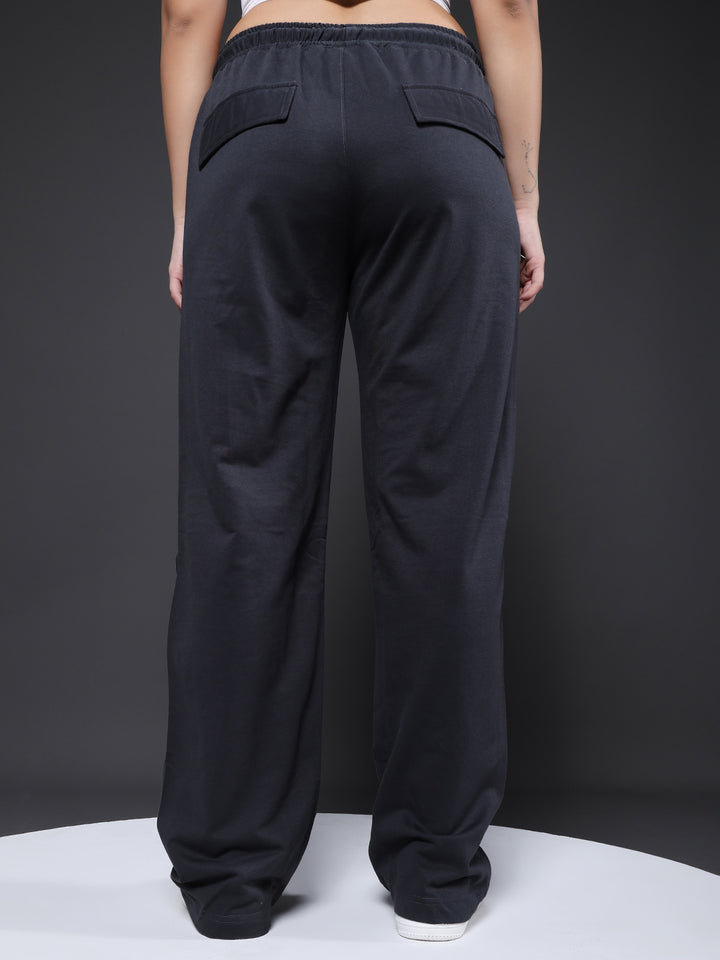 Women Premium Terry Cargo Pants with Side Stripes - Dark Grey