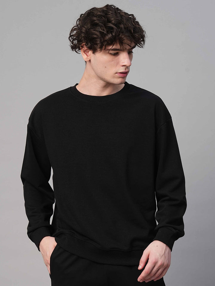 Solid Black Men Drop Shoulder Premium Terry Sweatshirt