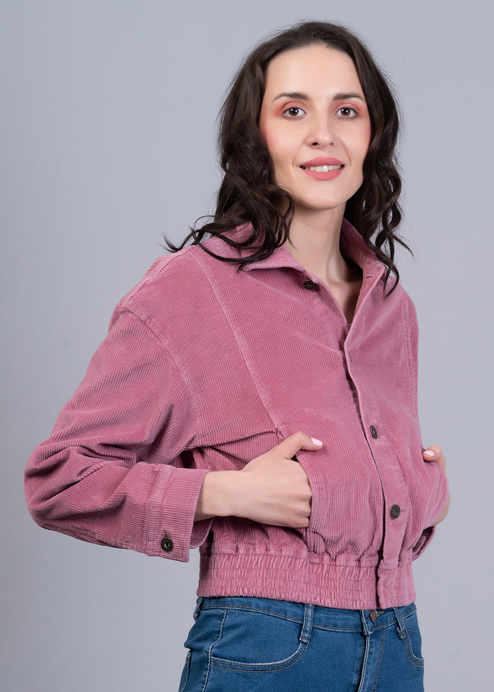 Corduroy Pink Cropped Jacket For Women