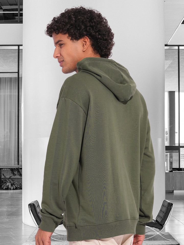 Solid Men Drop Shoulder Premium Terry Hoodie - Olive Green