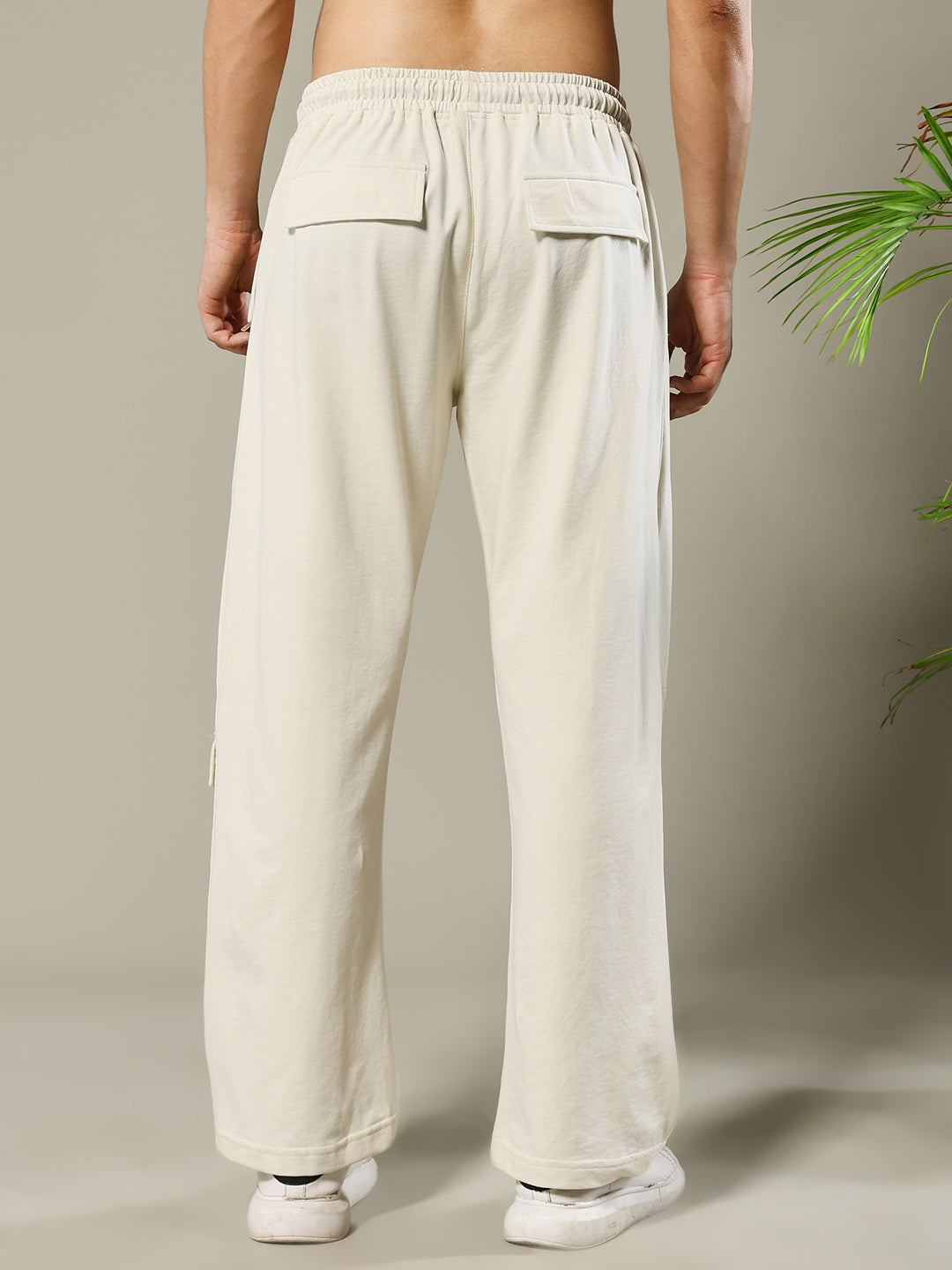 Men Premium Terry Cargo Pants with Side Stripes - Beige