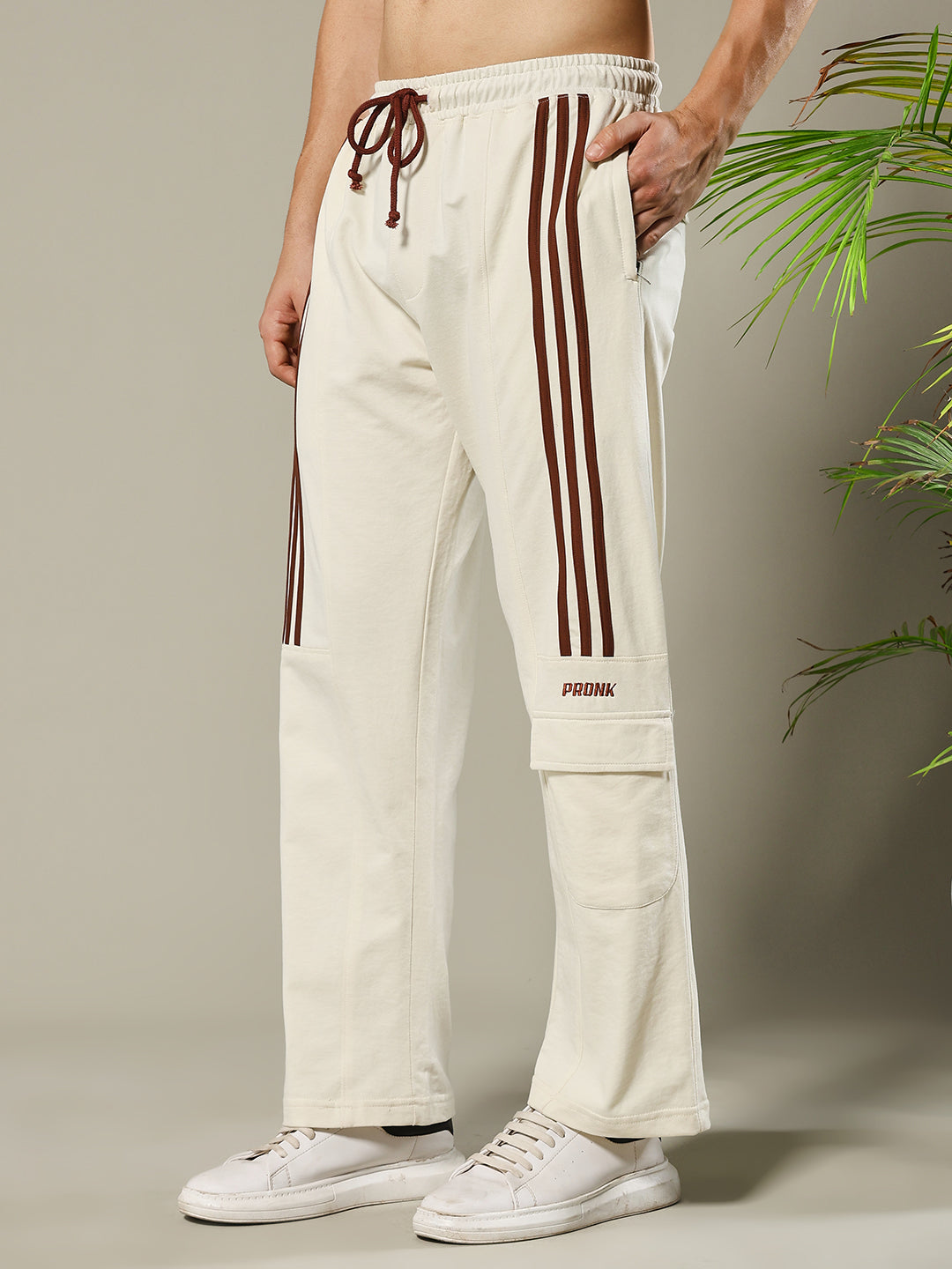 Men Premium Terry Cargo Pants with Side Stripes - Beige