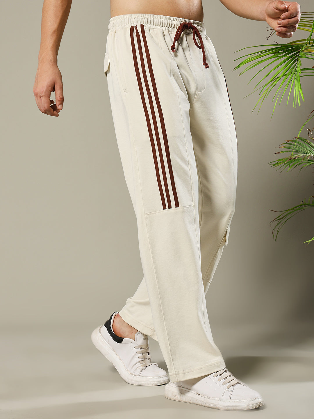 Men Premium Terry Cargo Pants with Side Stripes - Beige
