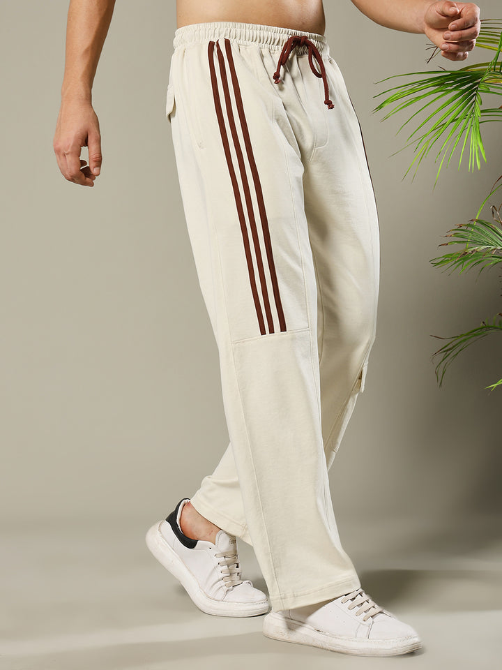 Men Premium Terry Cargo Pants with Side Stripes - Beige
