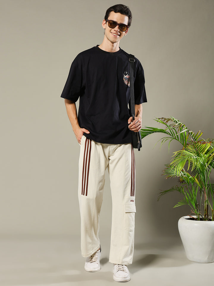 Men Premium Terry Cargo Pants with Side Stripes - Beige