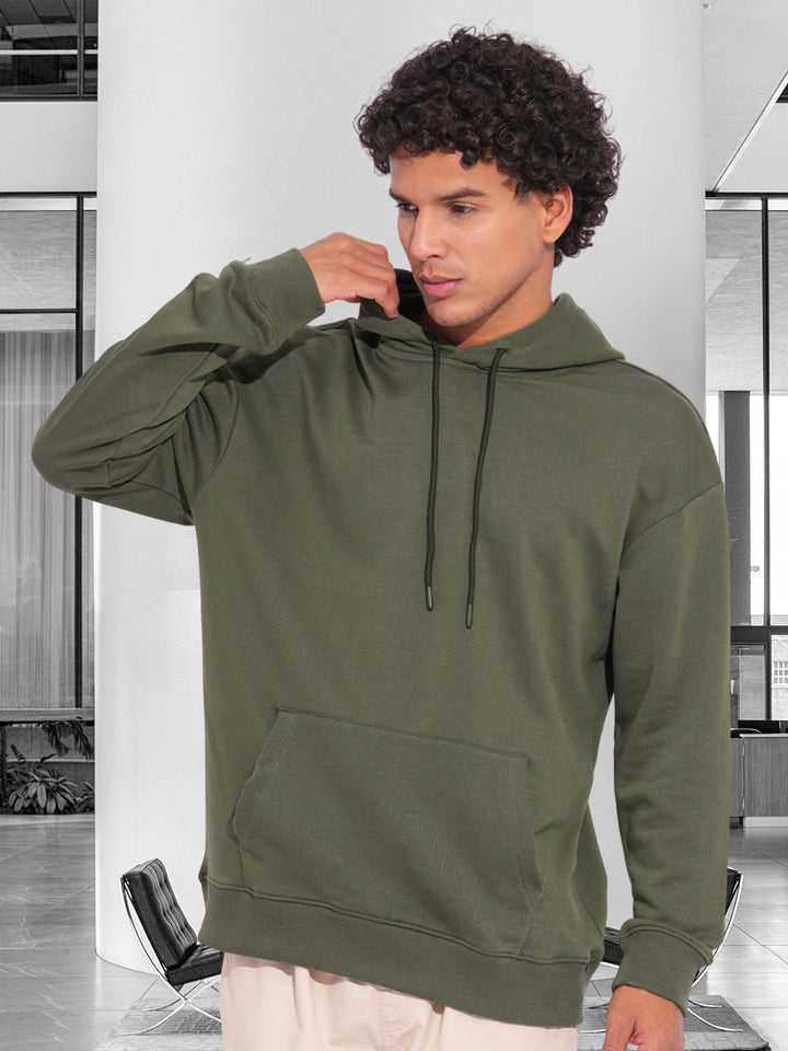 Solid Men Drop Shoulder Premium Terry Hoodie - Olive Green