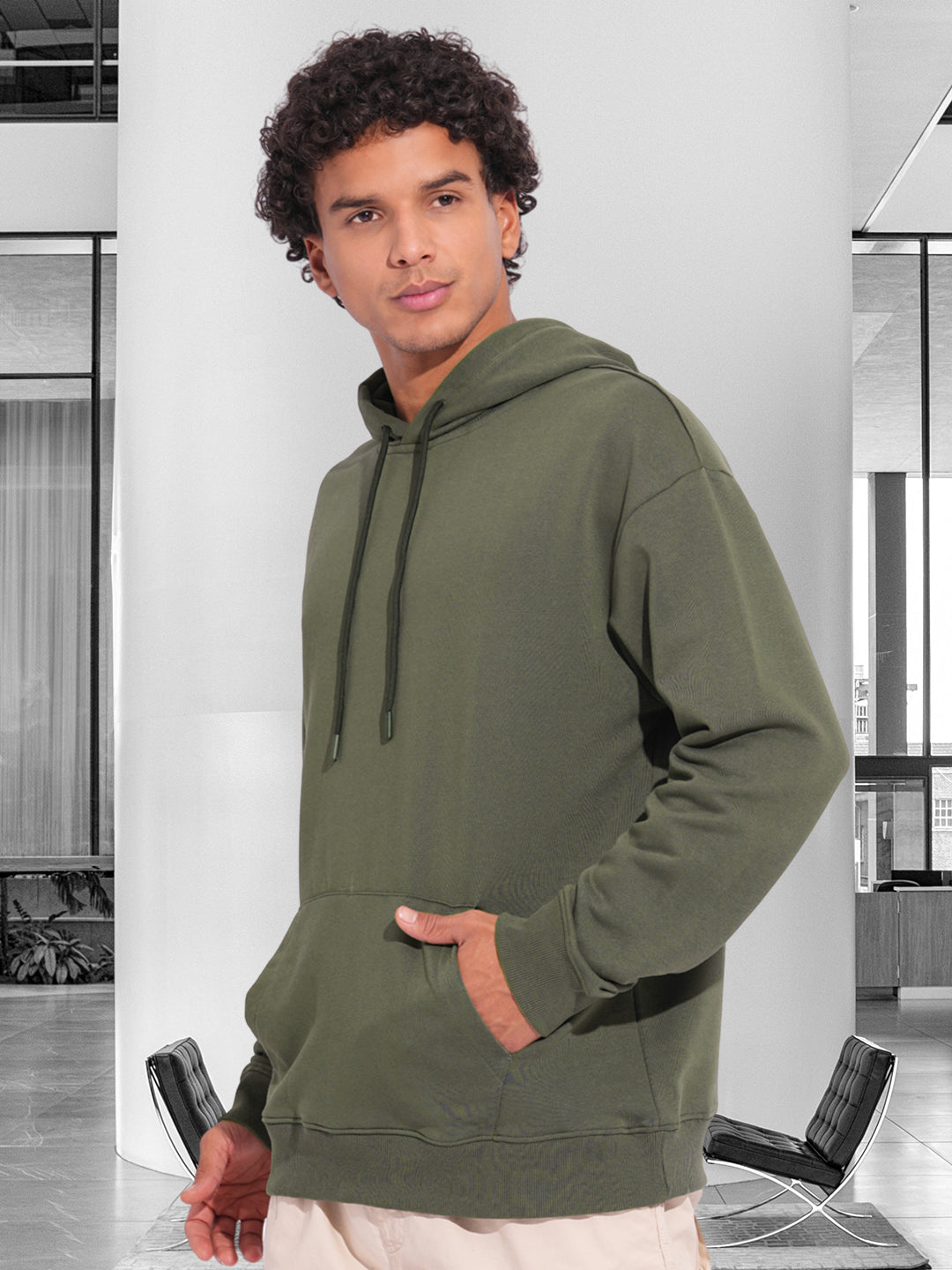 Solid Men Drop Shoulder Premium Terry Hoodie - Olive Green