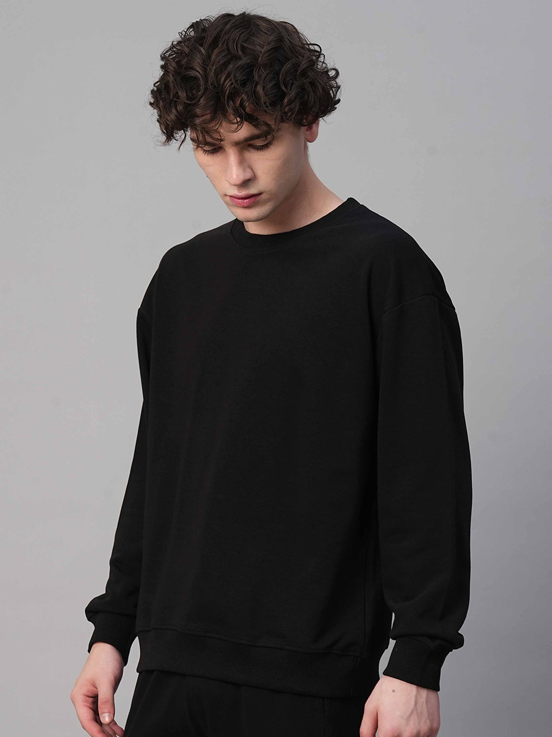 Solid Black Men Drop Shoulder Premium Terry Sweatshirt