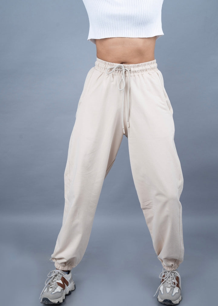 Women Premium Terry Loose Fit Joggers - Beige