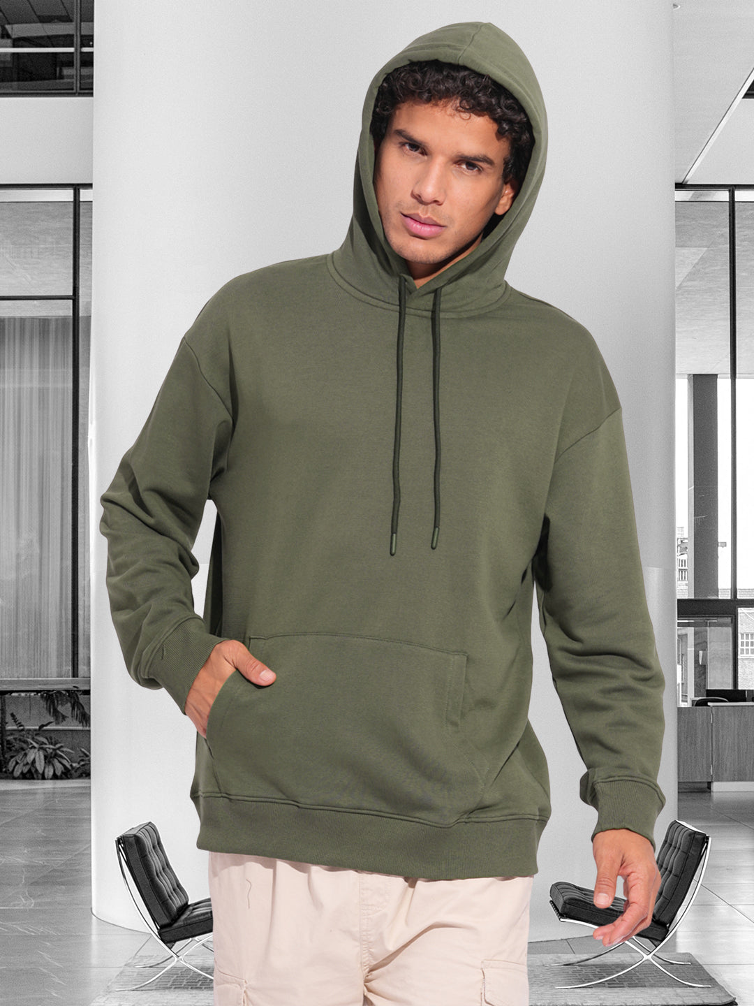 Solid Men Drop Shoulder Premium Terry Hoodie Olive Green