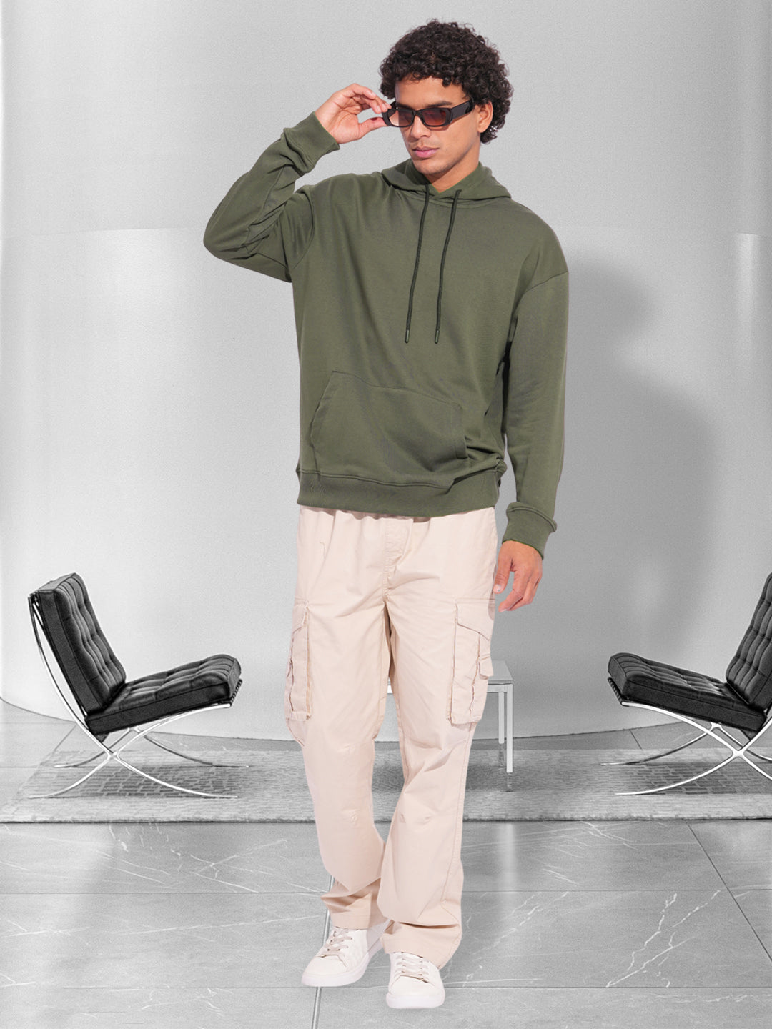 Solid Men Drop Shoulder Premium Terry Hoodie - Olive Green