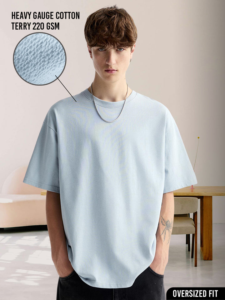 Pronk Solid Men Premium Oversized Terry T-shirt - SKY