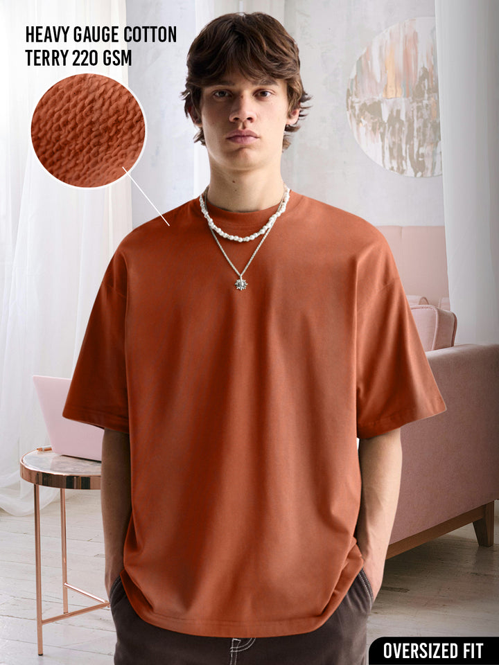 Pronk Solid Men Premium Oversized Terry T-shirt - COCOA