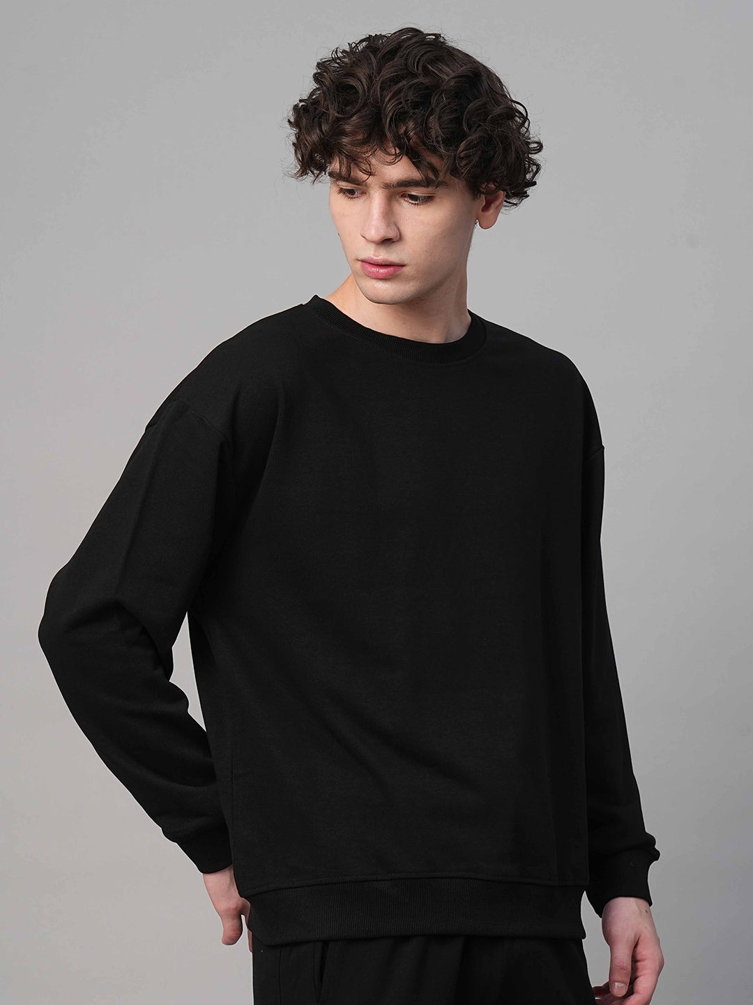 Solid Black Men Drop Shoulder Premium Terry Sweatshirt