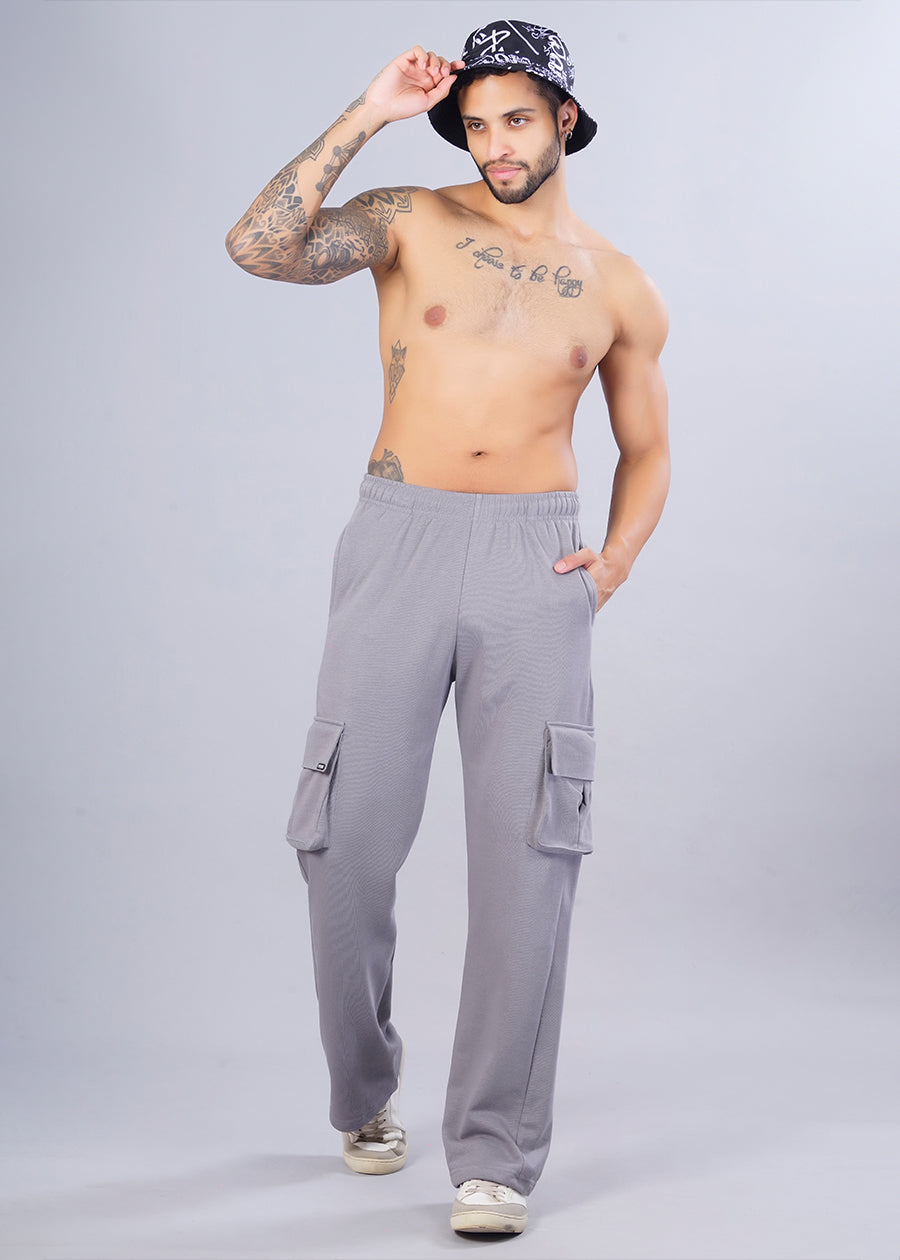 Men Premium Terry Cargo Pants - Ash Grey