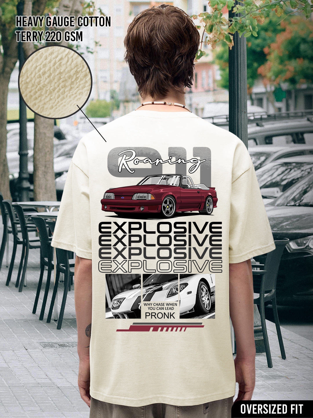 Explosive Roar Car Men Oversized Terry Graphic T-Shirt