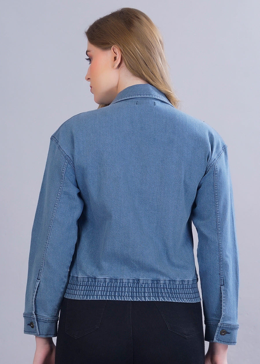 Cropped Blue Denim Jacket For Womens