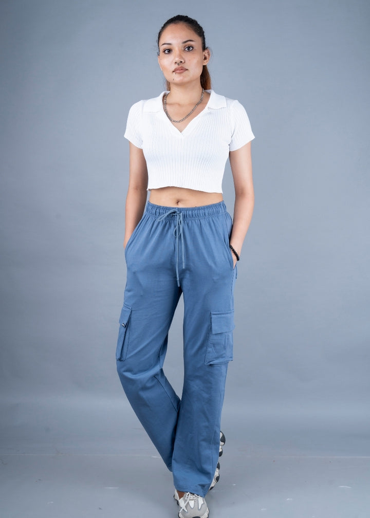 Women Premium Terry Cargo Pants - Teal Blue