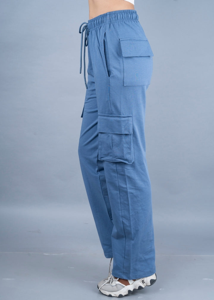 Women Premium Terry Cargo Pants - Teal Blue