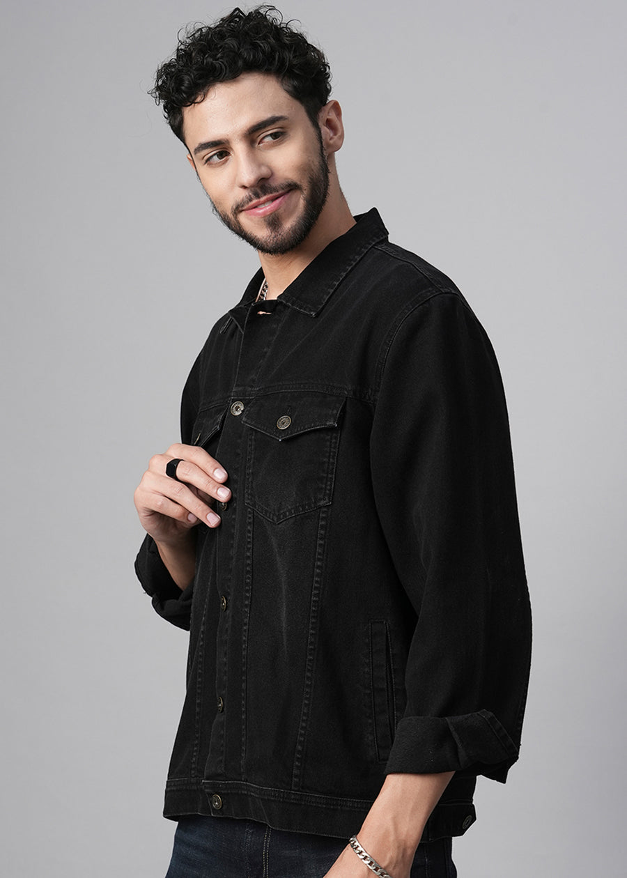 Men Black Regular Fit Full Sleeves Denim Jacket