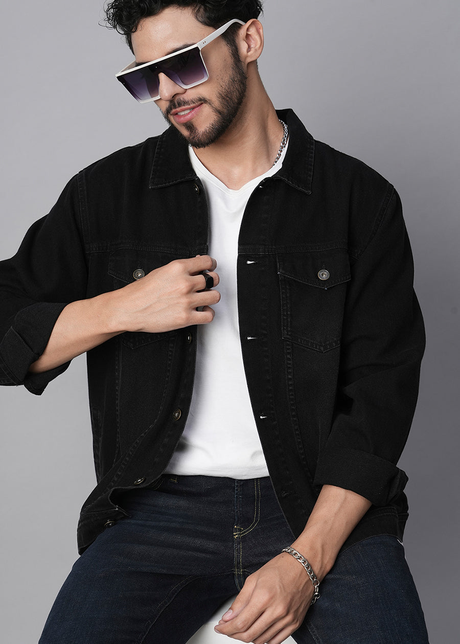 Men Black Regular Fit Full Sleeves Denim Jacket