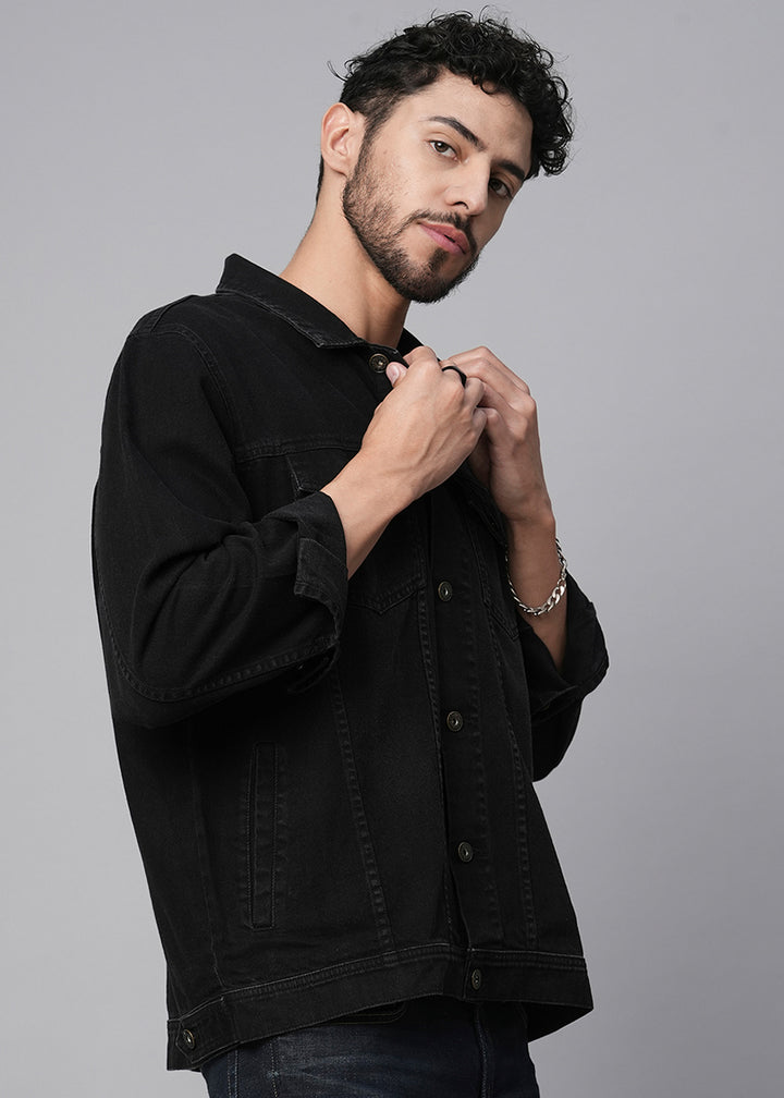Men Black Regular Fit Full Sleeves Denim Jacket