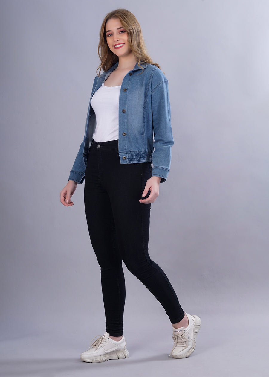 Cropped Blue Denim Jacket For Womens
