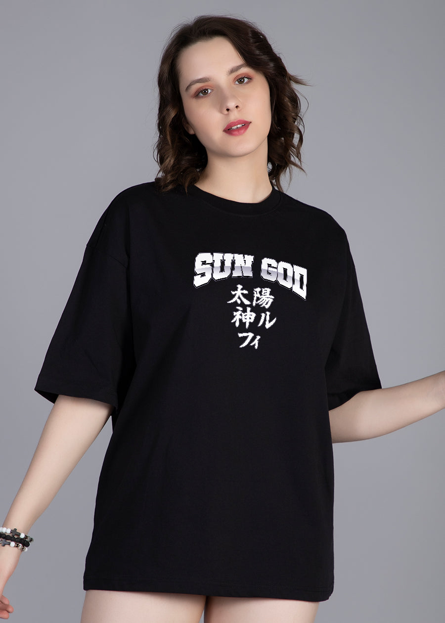 Sun God Printed Black Oversized T-shirt For Womens | Pronk