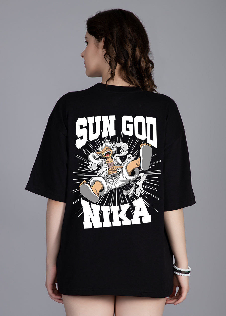 Sun God Printed Black Oversized T-shirt For Womens | Pronk