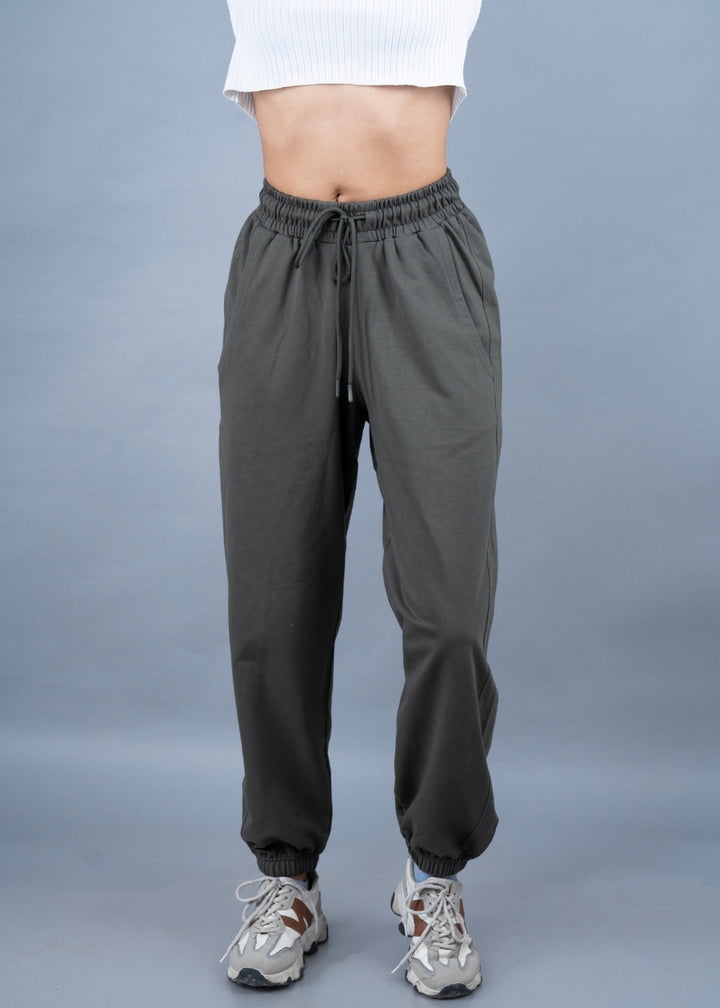 Women Premium Terry Loose Fit Joggers - Olive green